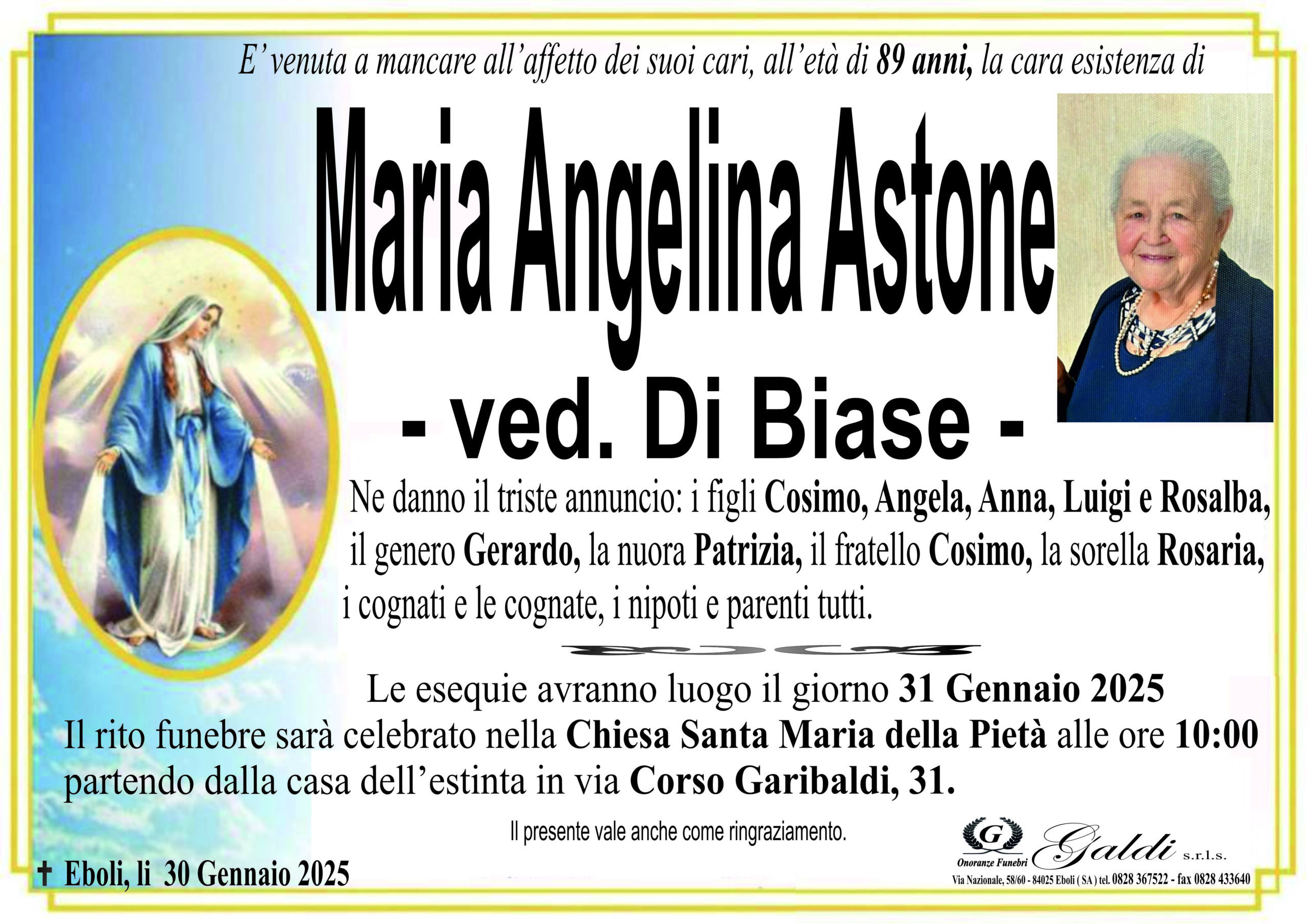 Maria Angelina Astone a Eboli - Onoranze Funebri Galdi