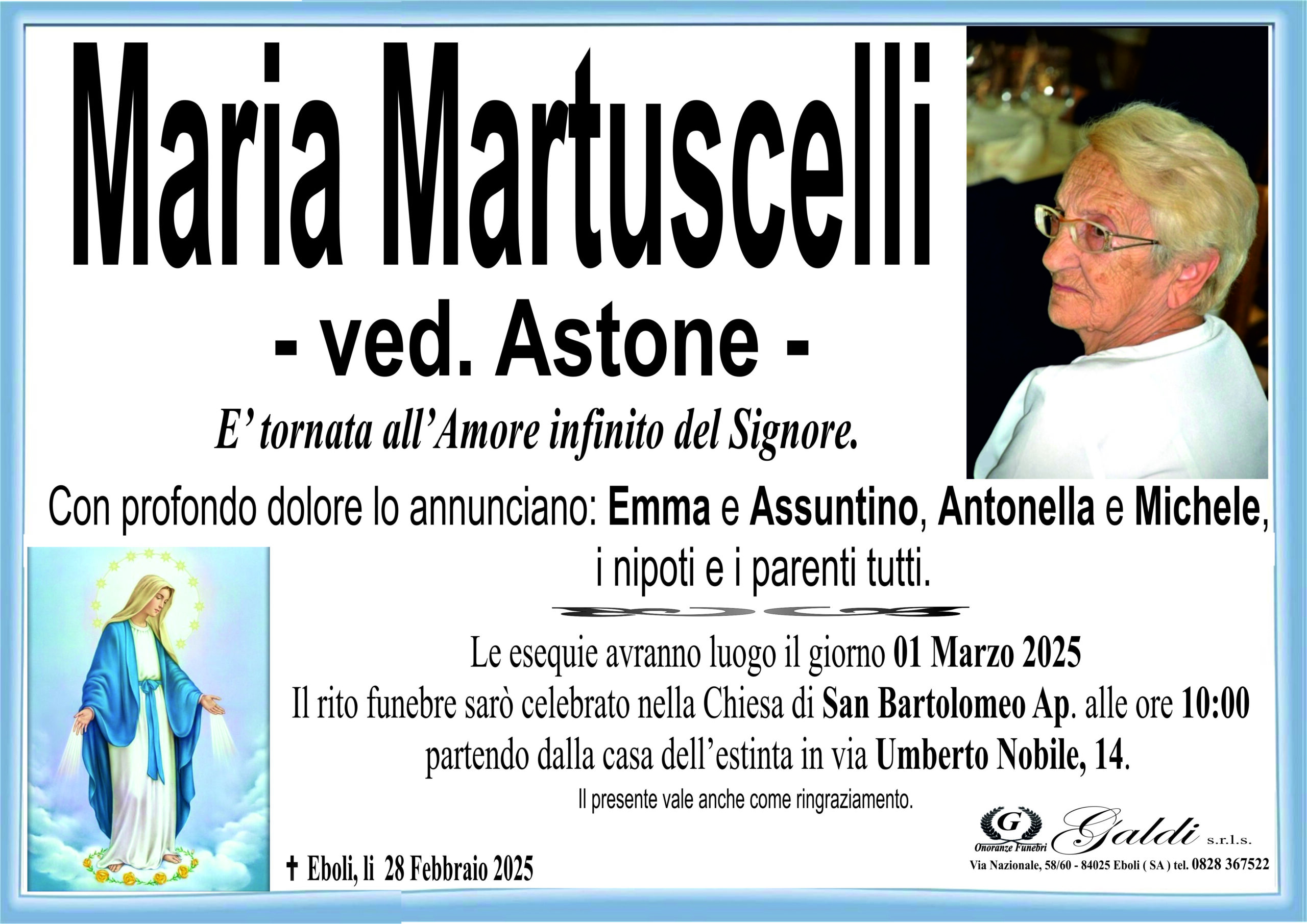 Maria Martuscelli a Eboli - Onoranze Funebri Galdi