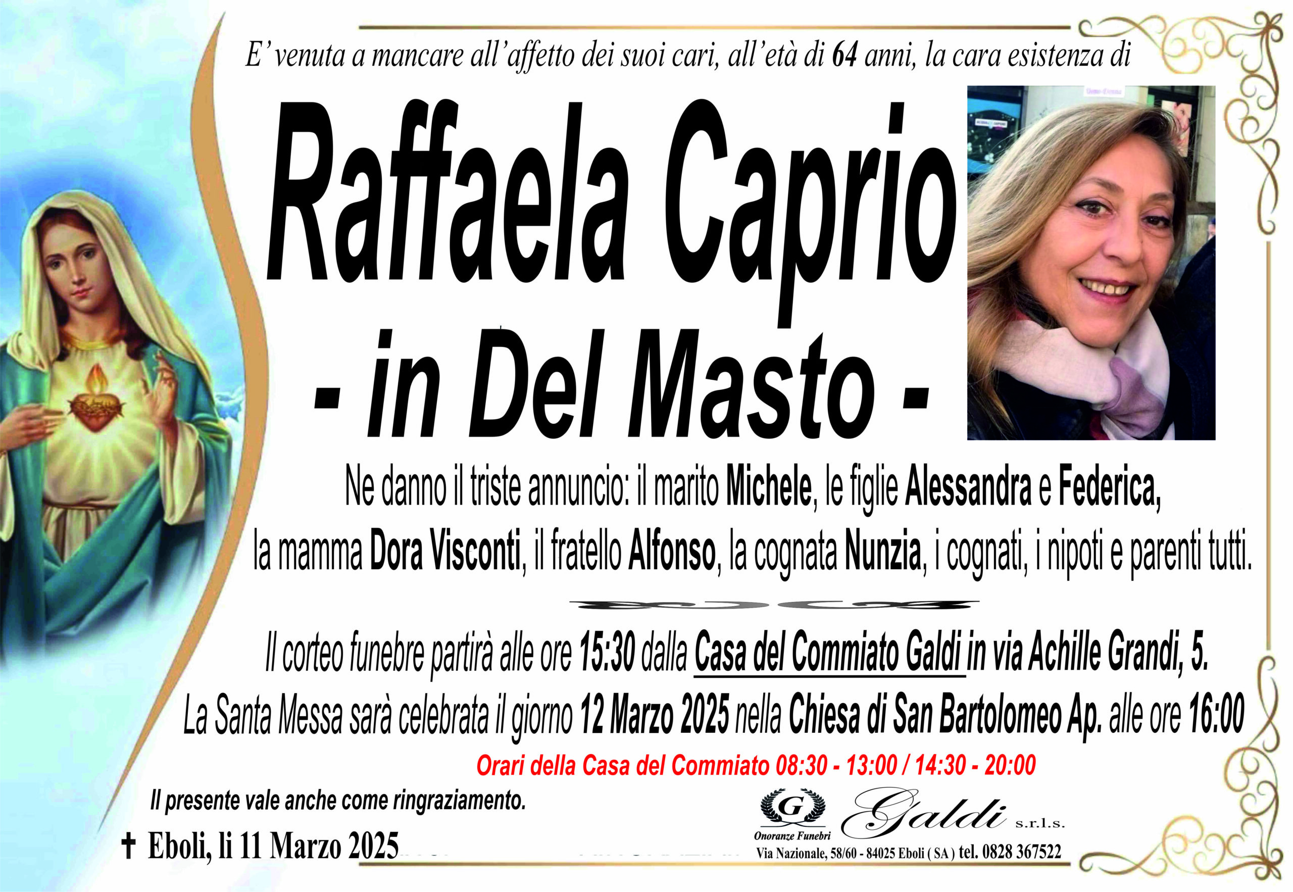Raffaela Caprio a Eboli - Onoranze Funebri Galdi