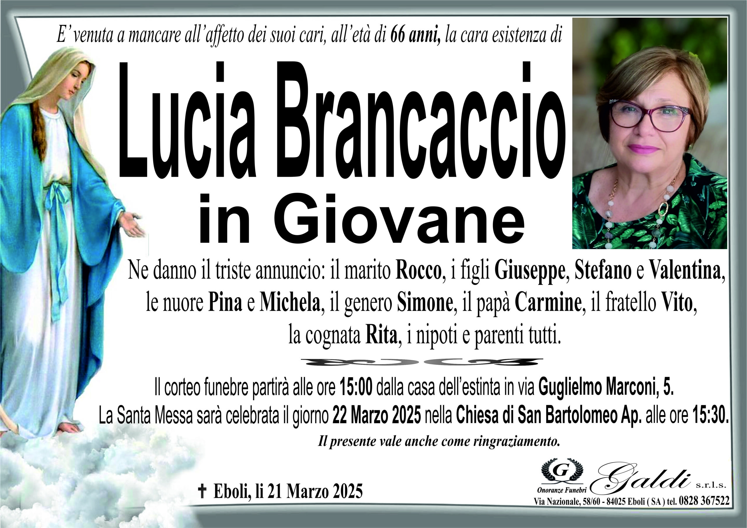 Lucia Brancaccio a Eboli - Onoranze Funebri Galdi