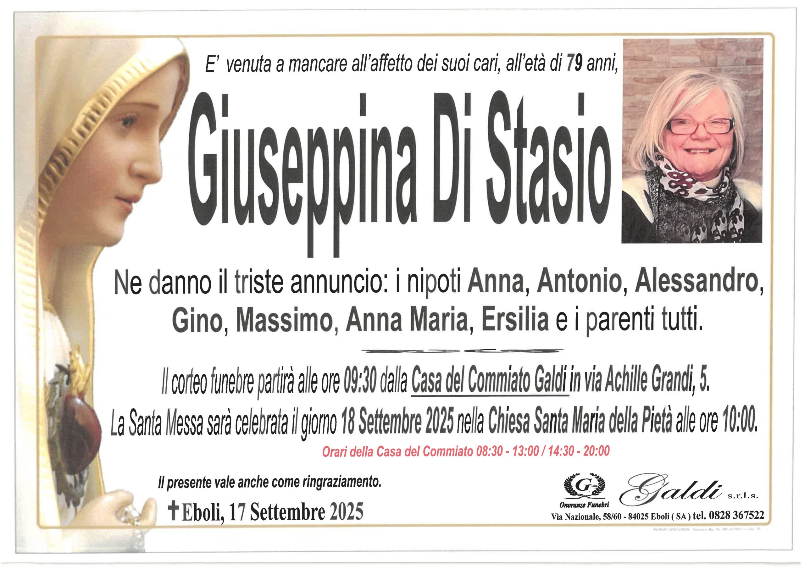 Giuseppina Di Stasio a Eboli - Onoranze Funebri Galdi