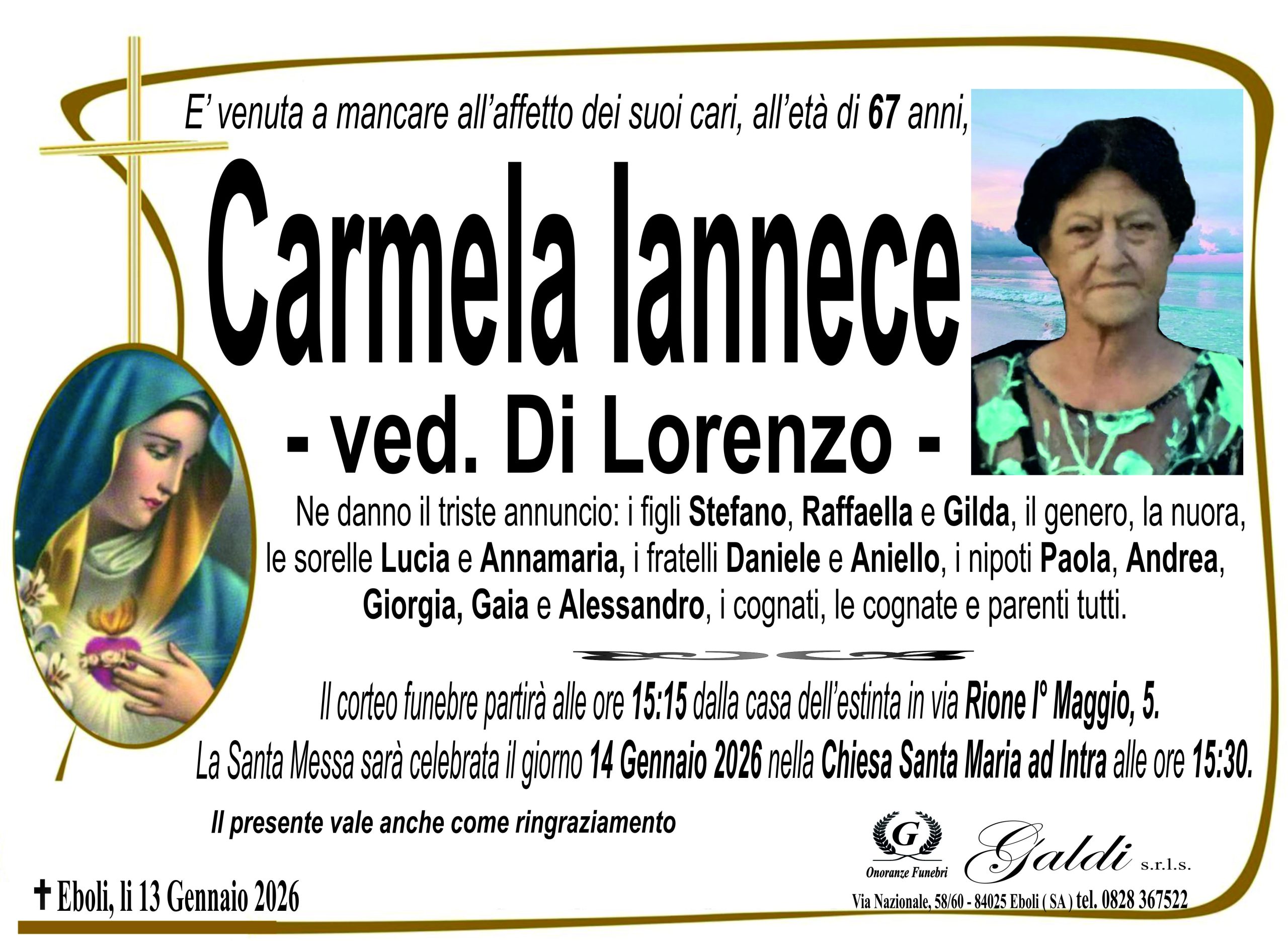 Carmela Iannece a Eboli - Onoranze Funebri Galdi