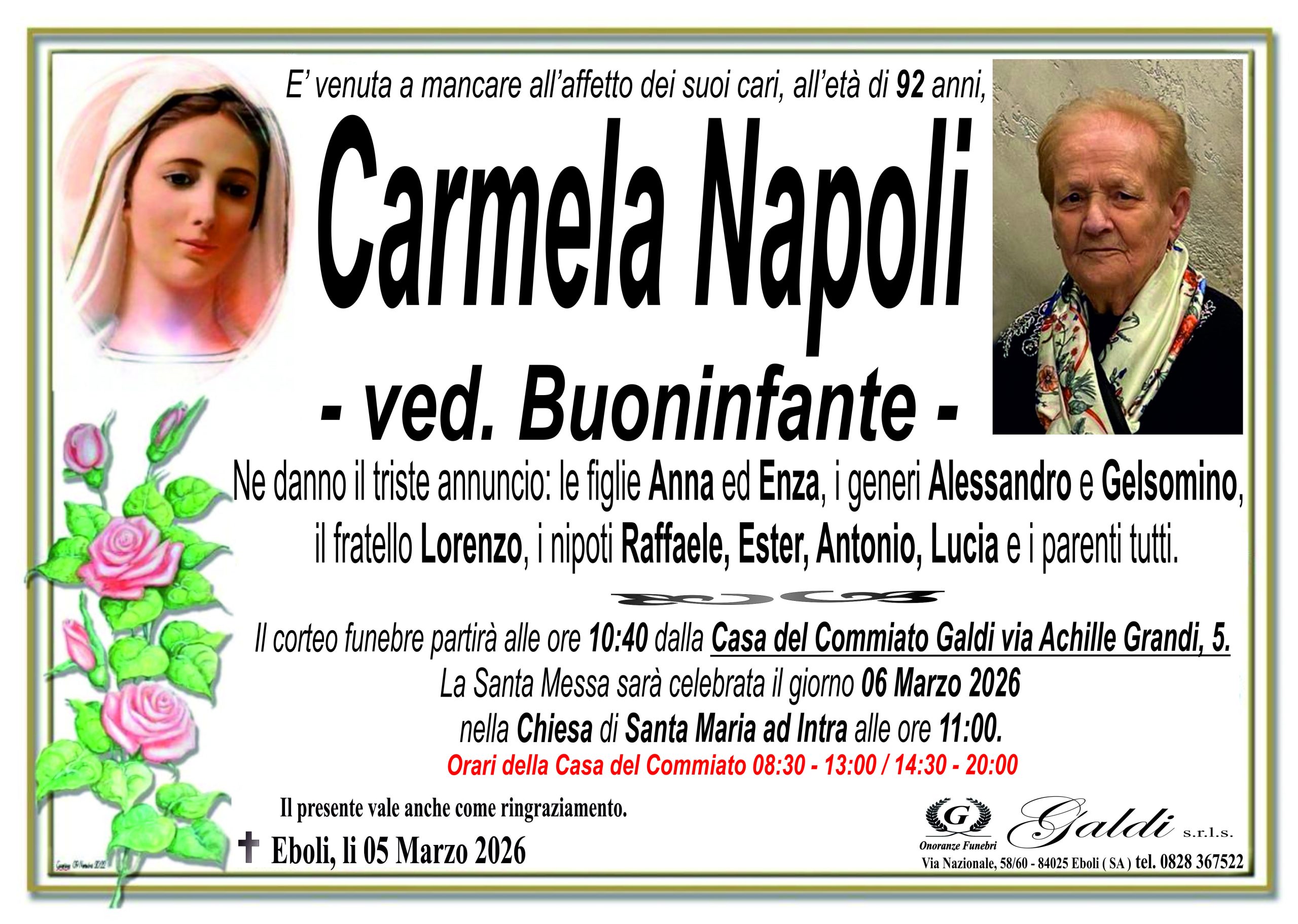 Carmela Napoli a Eboli - Onoranze Funebri Galdi